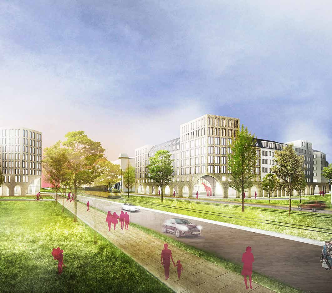 Visualisierung des Bogenviertels: Straße mit Straßenbahn und Grünstreifen, dahinter die neuen Blöcke mit Arkaden im Erdgeschoss