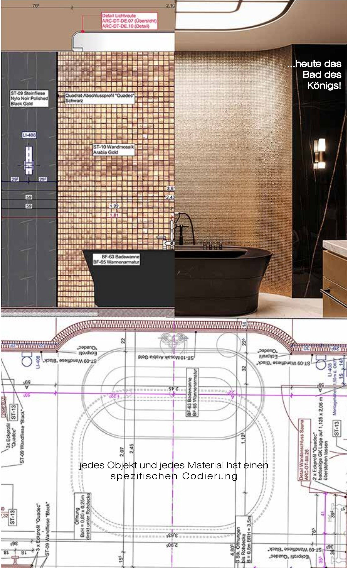 …heute das Bad des Königs! Die Wand mit Goldmosaik und schwarzer Badewanne, links als Ansicht aus dem Ausführungsplan mit Materialcodes, rechts als Foto des fertigen Bades; darunter der Grundriss-Ausschnitt des Bades mit Bemaßung und dem Hinweis „jedes Objekt und jedes Material hat eine spezifische Codierung“