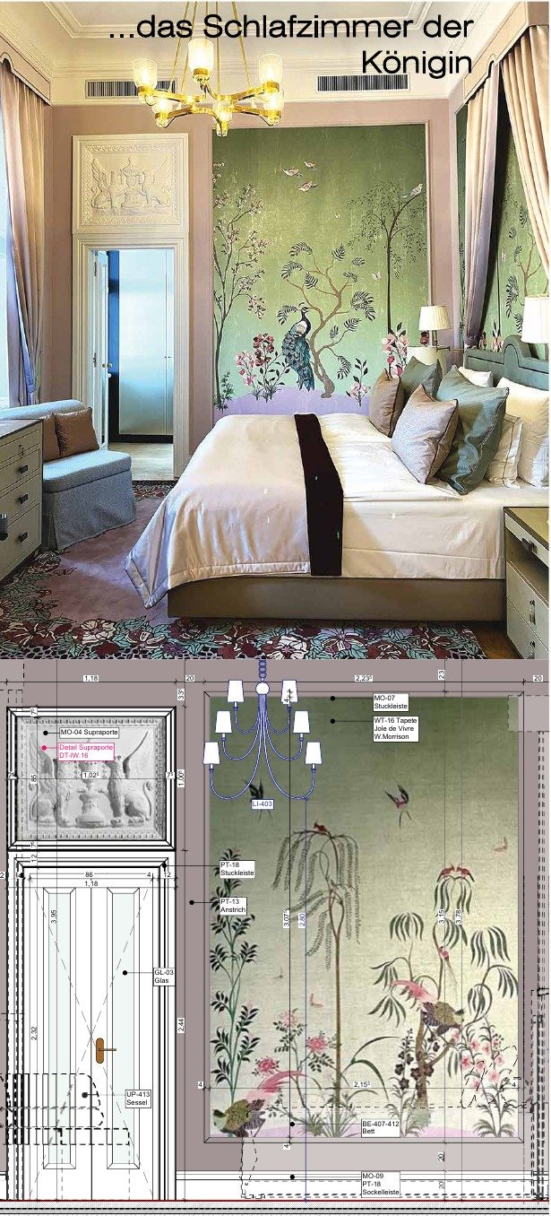 …das Schlafzimmer der Königin: oben das fertige Zimmer mit grüner Bildtapete mit Pfau und Blüten hinter dem Bett, darunter dieselbe Wand als Ansicht im Ausführungsplan mit Bemaßung und Materialcodes