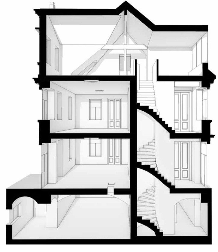Perspektivischer Schnitt durch das Treppenhaus: die Wendeltreppe vom Keller bis unter das Dach