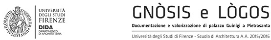 Titelblatt der Masterarbeit: Siegel der Università degli Studi di Firenze, DIDA Dipartimento di Architettura, Titel „Gnòsis e Lògos — Documentazione e valorizzazione di palazzo Guinigi a Pietrasanta“, Scuola di Architettura A.A. 2015/2016